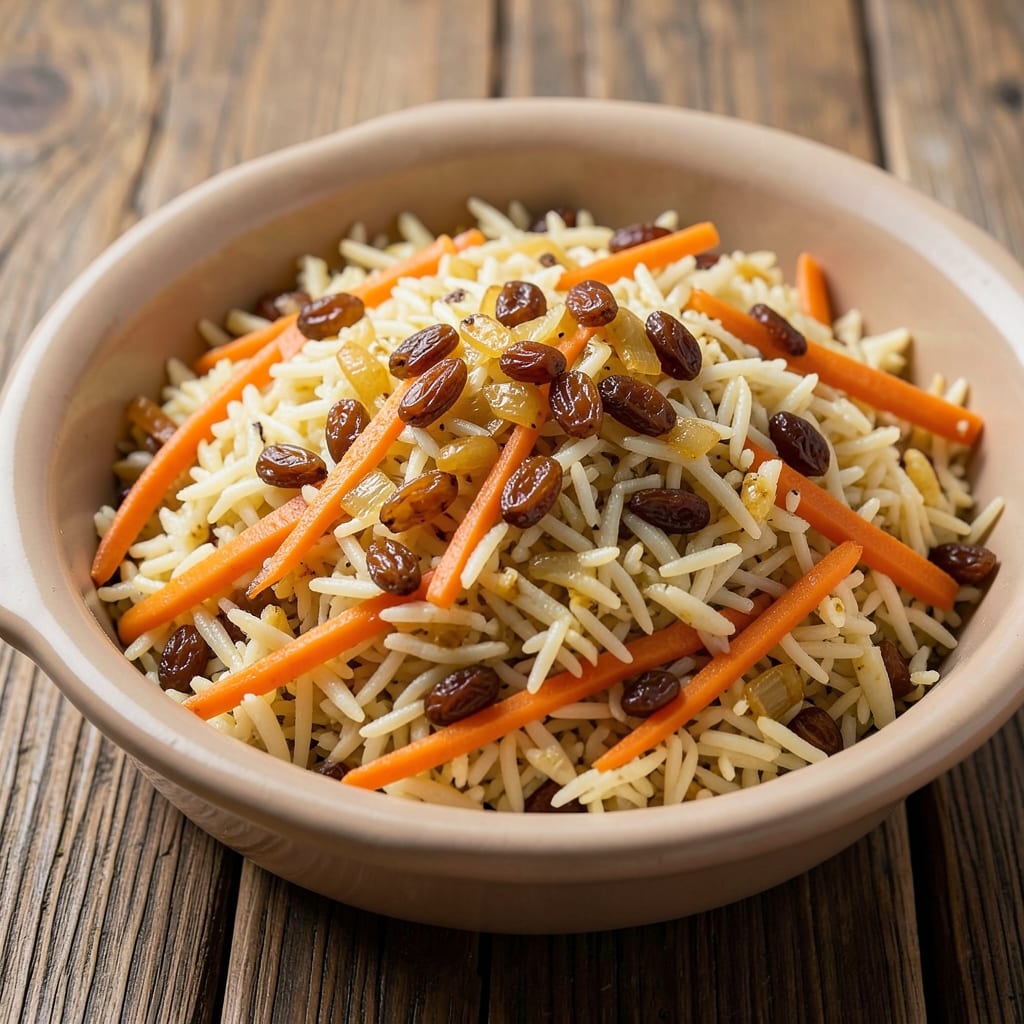 Afghani Rice With Carrots and Raisins Recipe: Golden Basmati with Toasted Cardamom Crunch