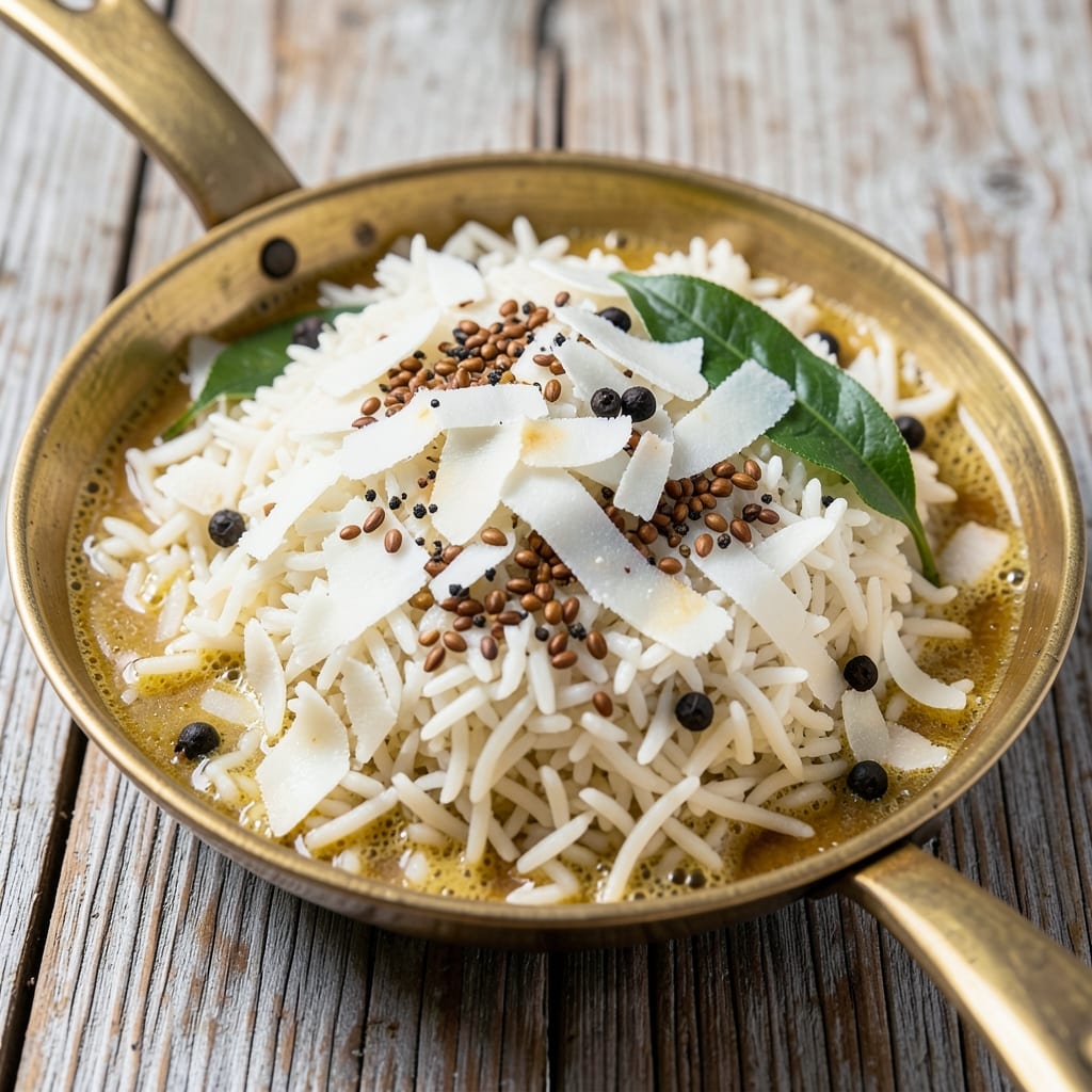 Andhra Coconut Rice Recipe: Fragrant Rice with Toasted Spice Crunch and Tender Coconut