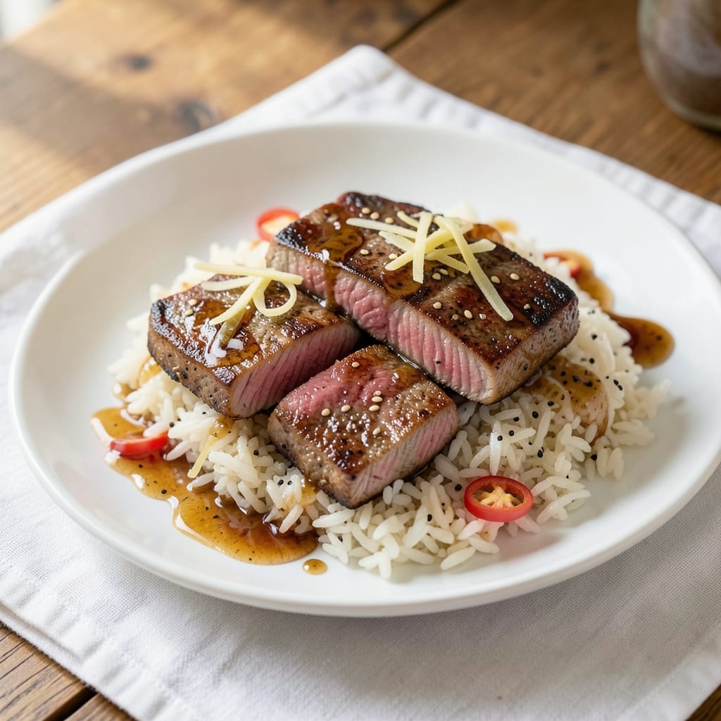 Asian Tuna Steak Recipe with Rice: Sesame-Glazed Crispy Edges Over Steamed Jasmine