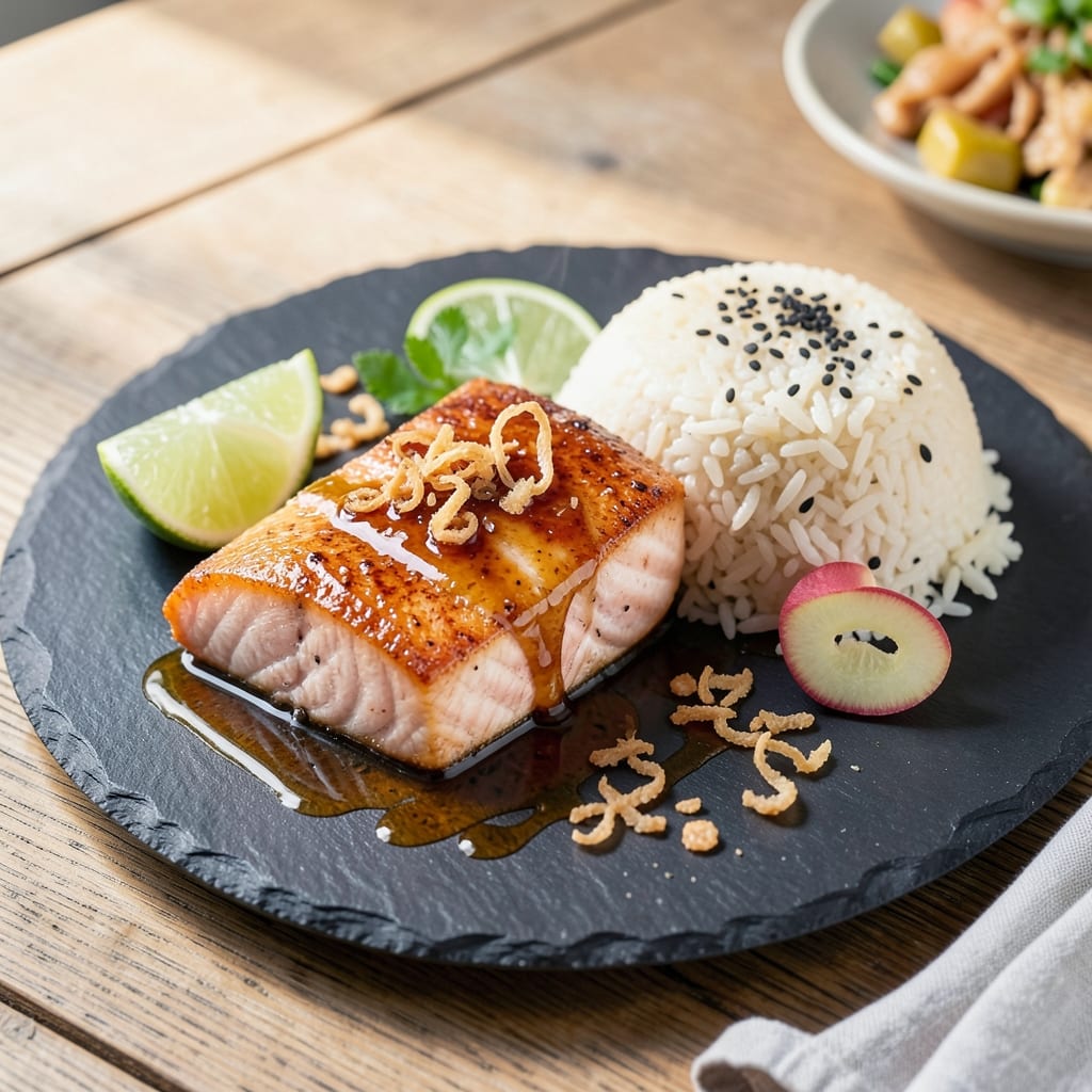 Asian Salmon And Rice Recipe: Ginger-Lime Glaze with Flaky Fish