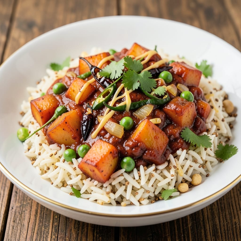 Aloo Matar Rice Recipe: Peas and Potatoes Simmered in Spiced Tomato Gravy