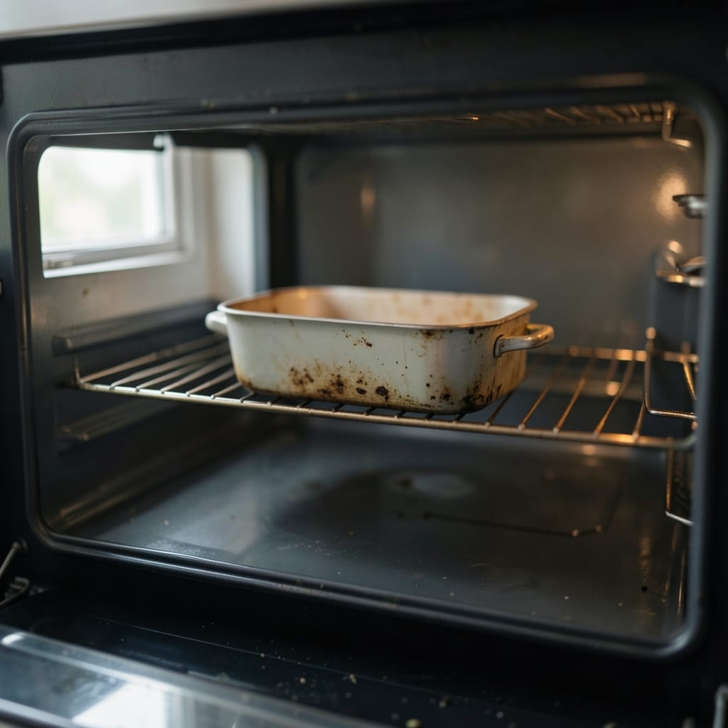 An ordinary home oven with one tin in it