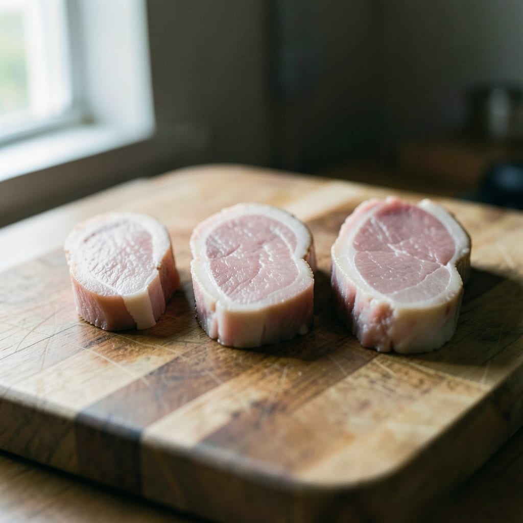 Three chops of different thickness, ready to be tested