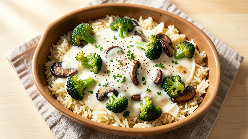 Broccoli Rice Mushroom Casserole Recipe: Savory Umami Layers With Melty Cheese Top